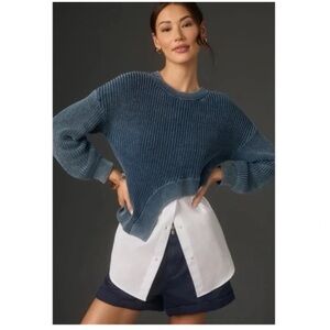 PILCRO ANTHROPOLOGIE ASYMMETRICAL TWOFER CHUNKY KNIT SWEATER VINTAGE BLUE SMALL